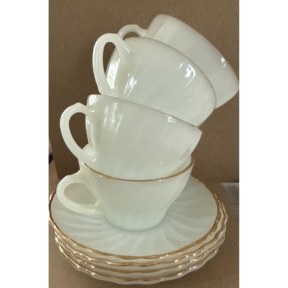 Lot of 4 Vintage ANCHOR HOCKING White Swirl Milk Glass Tea Cup Saucer USA Made